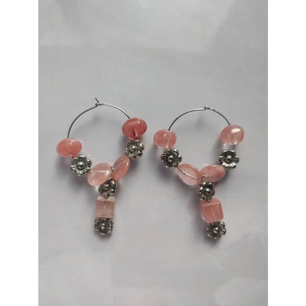 Handmade 2 1/4" Long Pink Quartz & Silver Flower Beaded Earrings